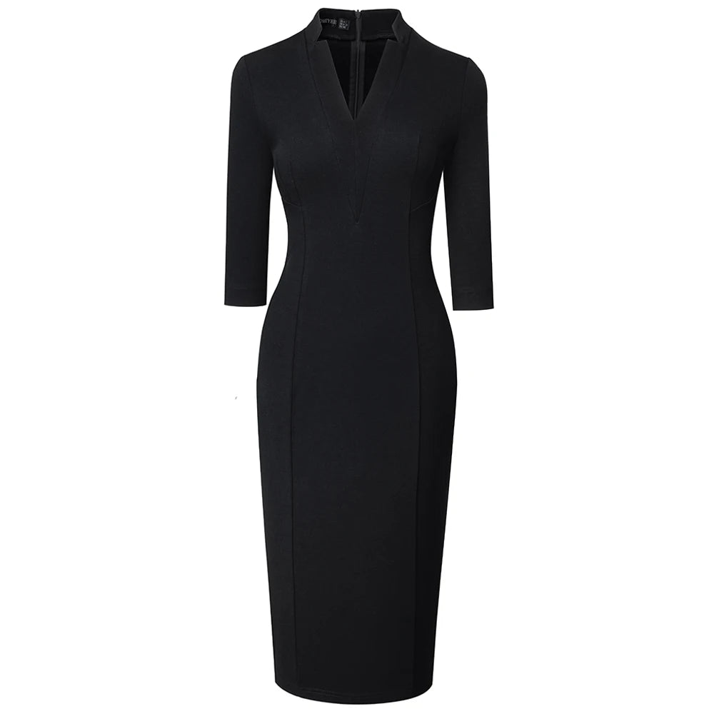 Black V-Neck Pencil Dress with Three-Quarter Sleeves - Dahlias & Honey 