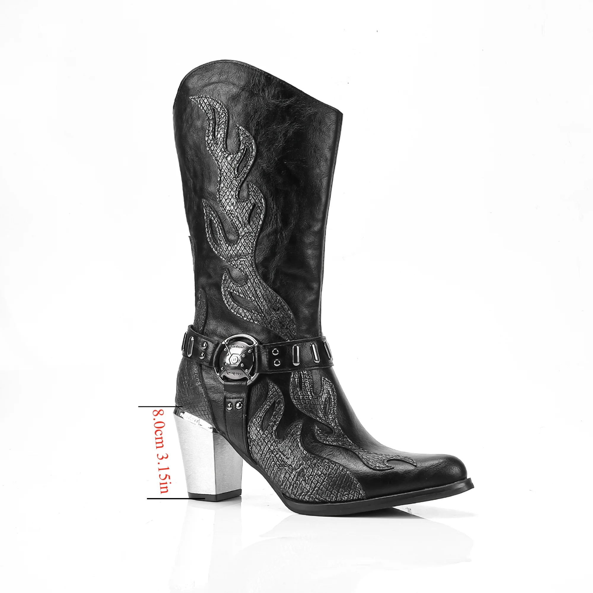 Textured Flame Western Mid-Calf Boots with Pointed Toe - Dahlias & Honey 