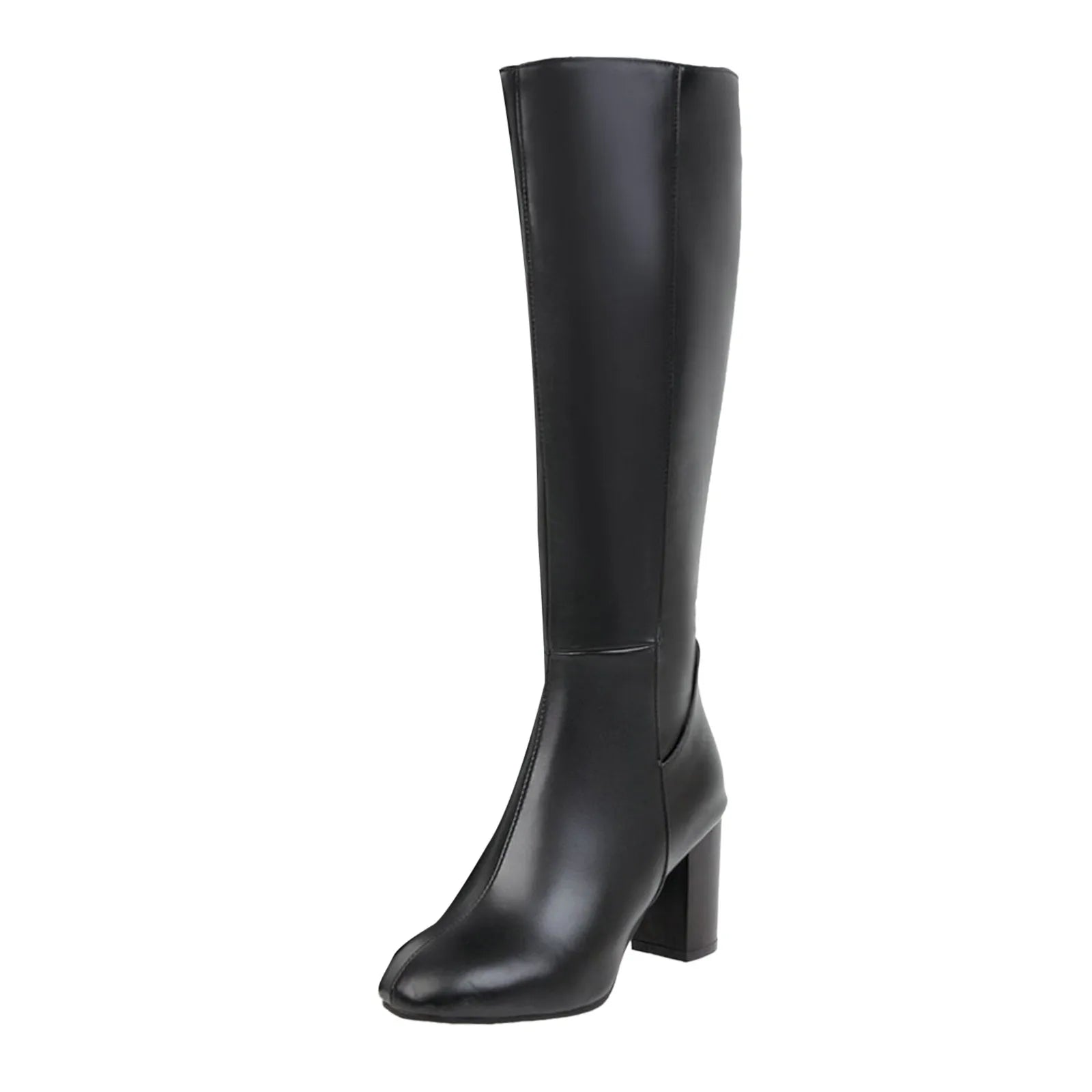 Leather Knee-High Boots with Block Heel and Pointed Toe - Dahlias & Honey 