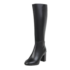 Leather Knee-High Boots with Block Heel and Pointed Toe - Dahlias & Honey 