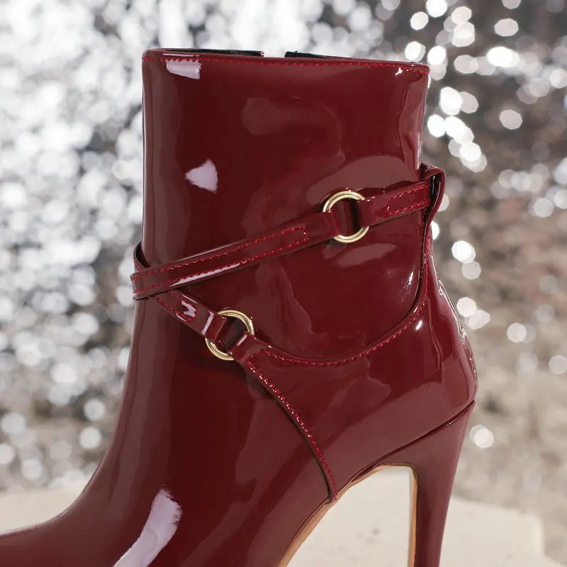 Patent Leather Ankle Boots with Cross Bandage Detail - Dahlias & Honey 