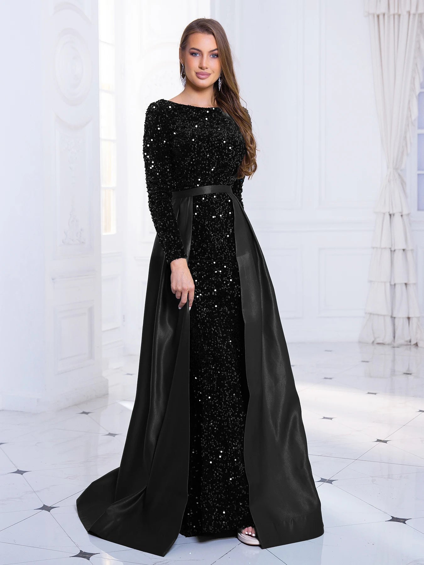 Long Sleeve Floor-Length Sequin Gown - Dahlias & Honey 