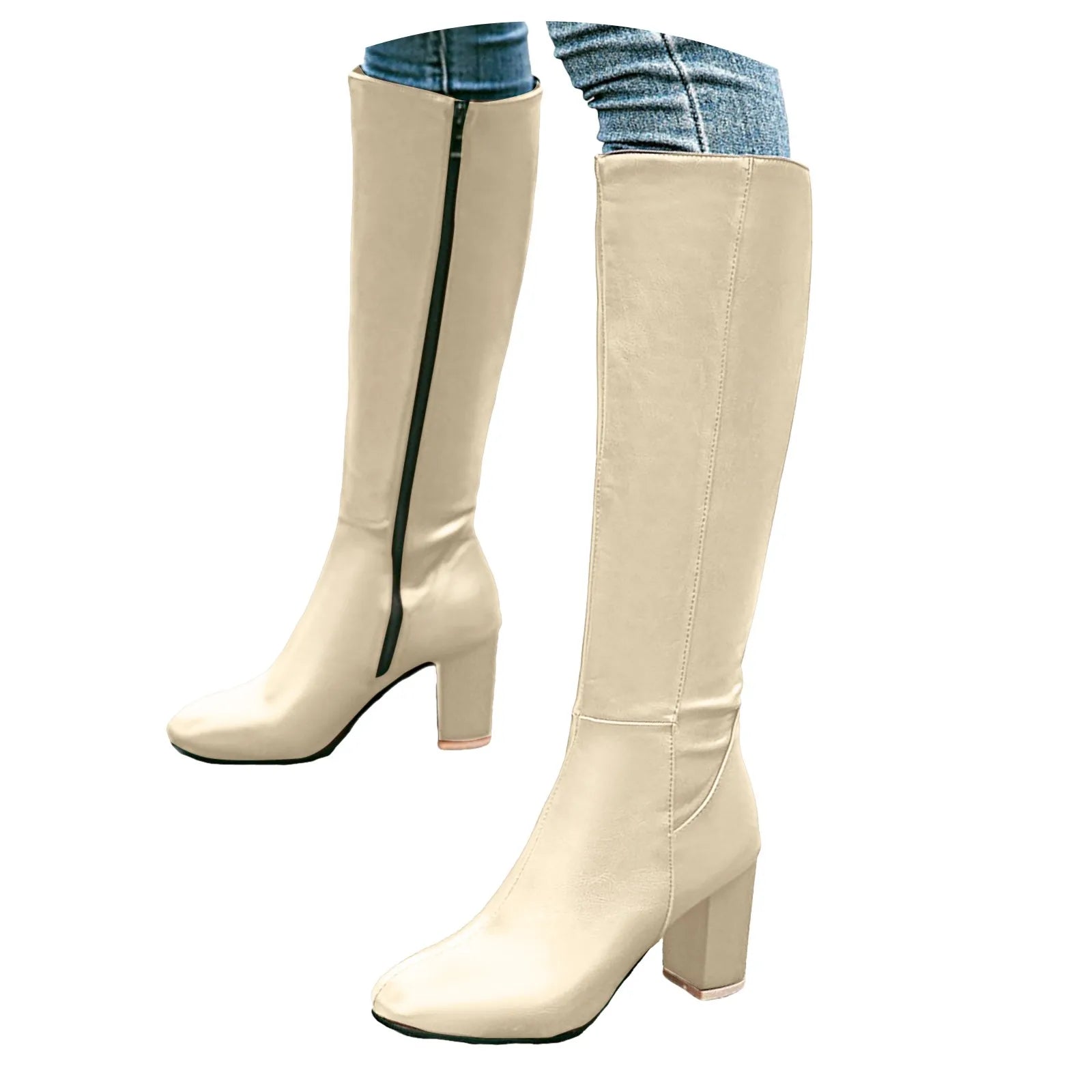 Leather Knee-High Boots with Block Heel and Pointed Toe - Dahlias & Honey 