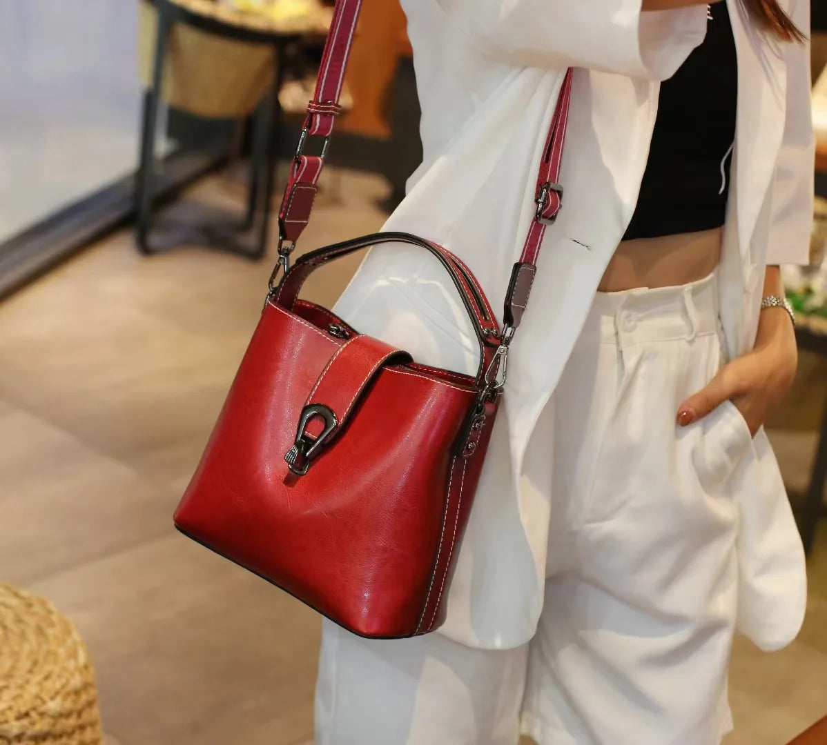 Genuine Cowhide Leather Bucket Bag - Dahlias & Honey 