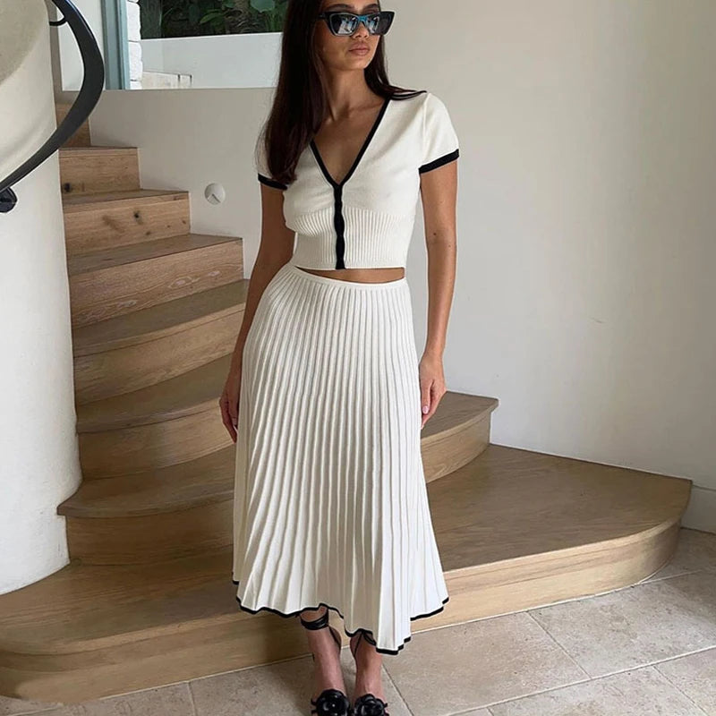 White Pleated Skirt Set with Crop Top - Dahlias & Honey 