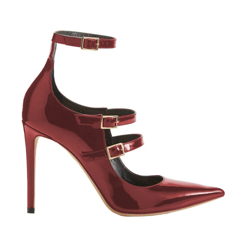 Patent Stiletto Pumps with Ankle Strap - Dahlias & Honey 