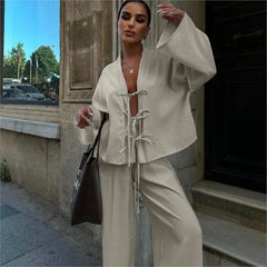 Lace-Up Cardigan & Wide-Leg Pants Set - Dahlias & Honey 