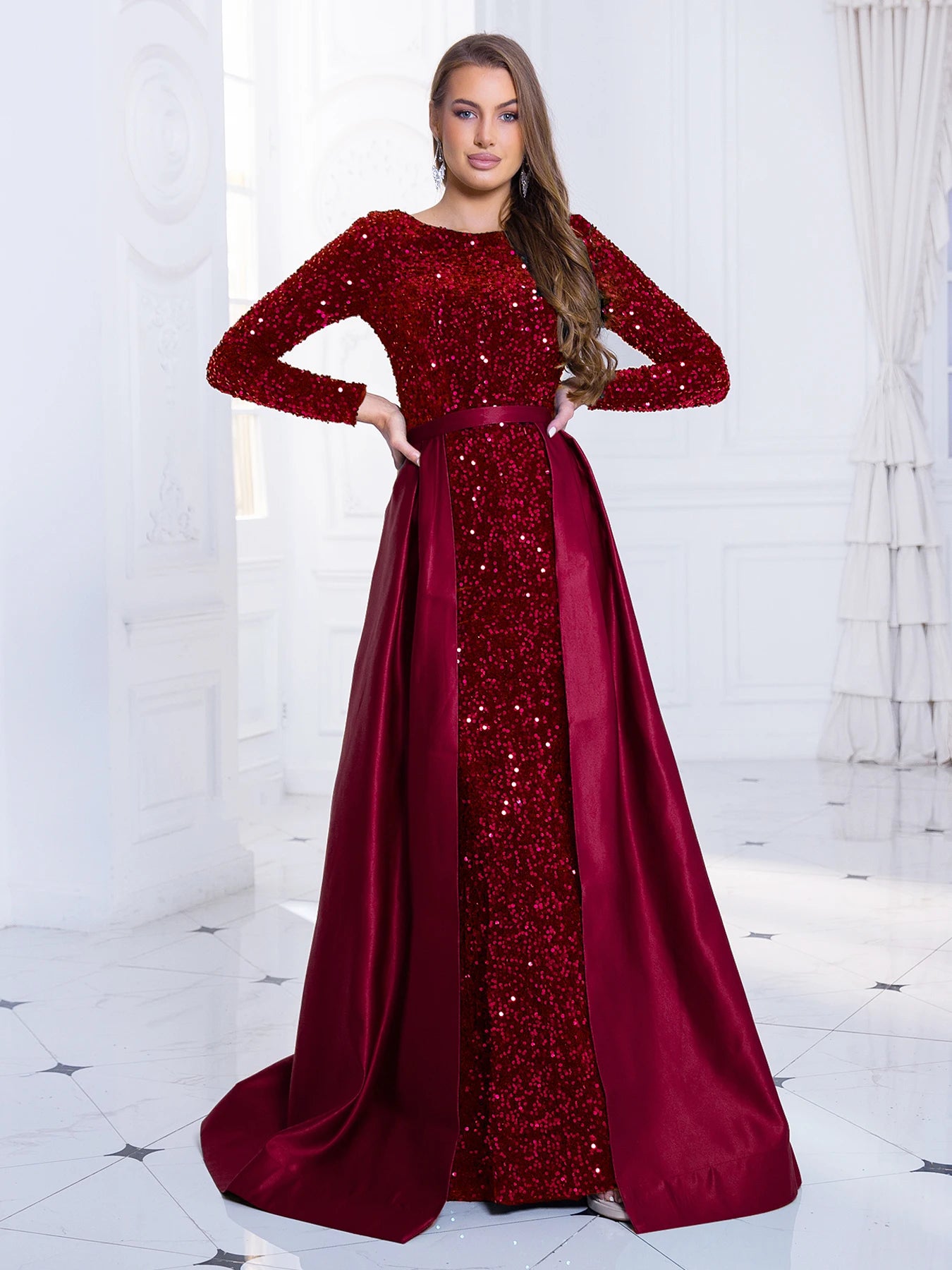 Long Sleeve Floor-Length Sequin Gown - Dahlias & Honey 