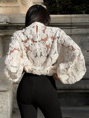 Sheer Floral Mesh Lantern Sleeve Top - Dahlias & Honey 