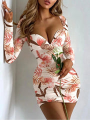 Printed V-Neck Long Sleeve Mini Dress - Dahlias & Honey 