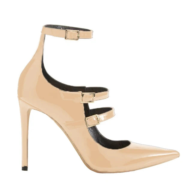 Patent Stiletto Pumps with Ankle Strap - Dahlias & Honey 