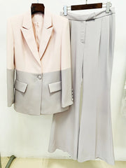 Color Block Blazer and Wide-Leg Pants Suit Set - Dahlias & Honey 