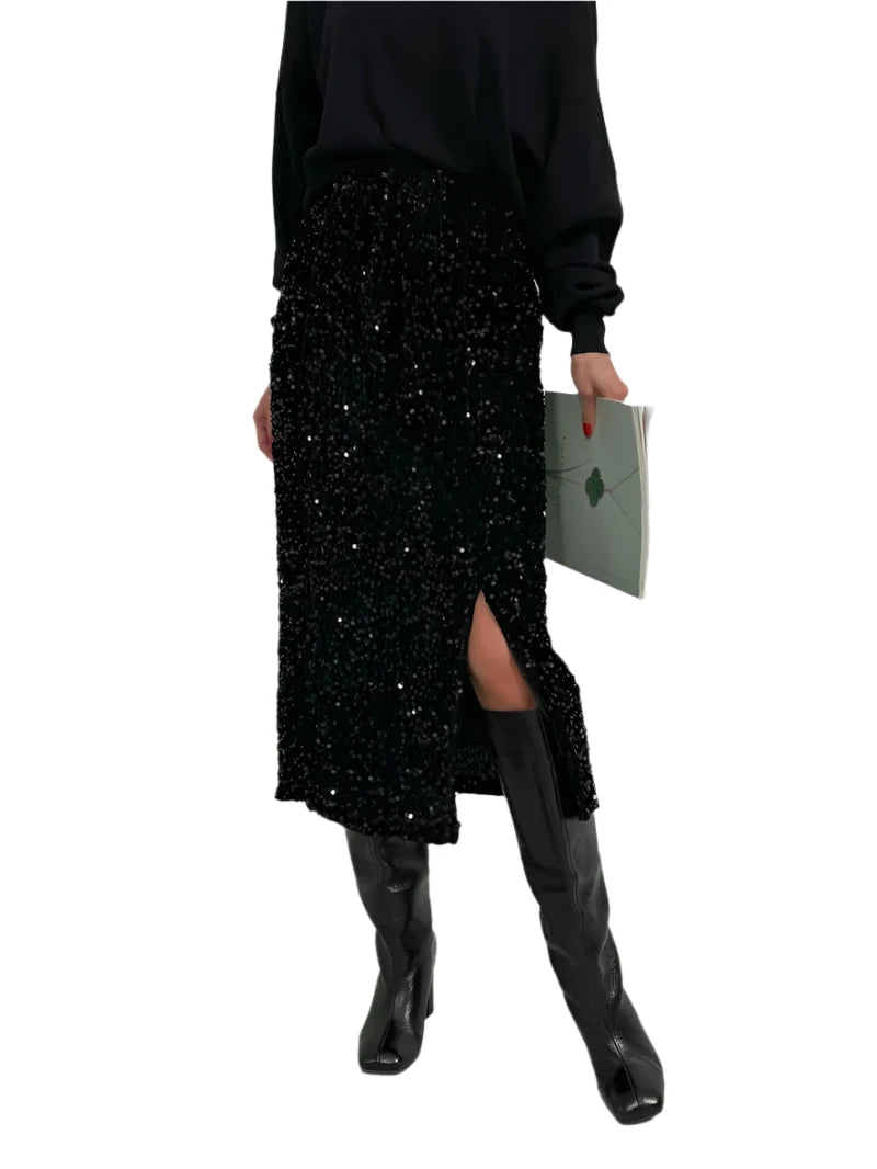 High-Waisted Sequin Midi Skirt with Side Slit - Dahlias & Honey 