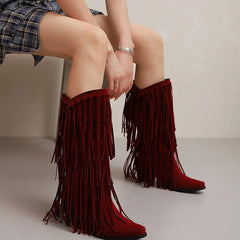 Retro Western Tassel Mid-Calf Boots with Block Heel - Dahlias & Honey 